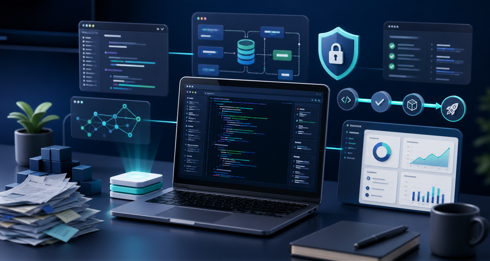 AI-built SaaS code review and production hardening illustration