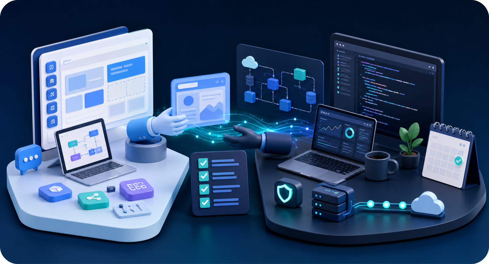 SaaS production engineering handoff illustration