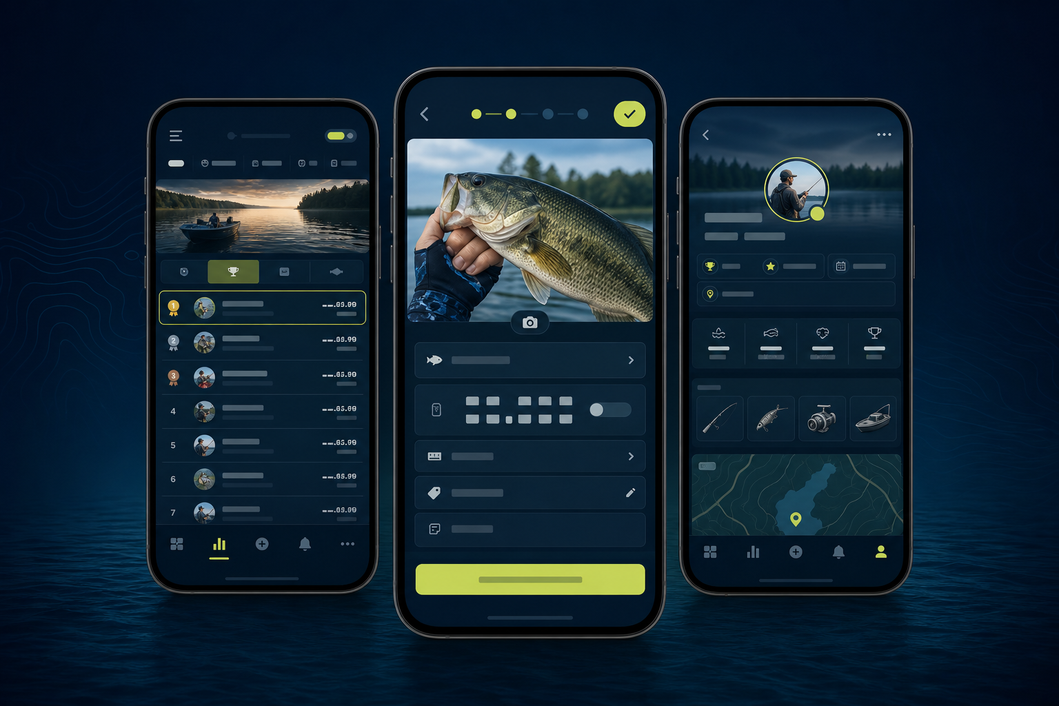 Bluegill fishing tournament mobile app screens
