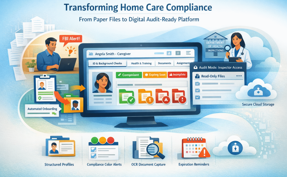 Digital home care compliance software platform with caregiver background checks, compliance tracking, audit-ready documentation, OCR capture, and cloud storage.