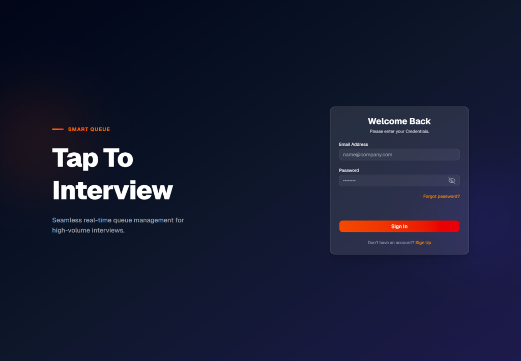 Tap To Interview recruiting platform sign-in screenshot